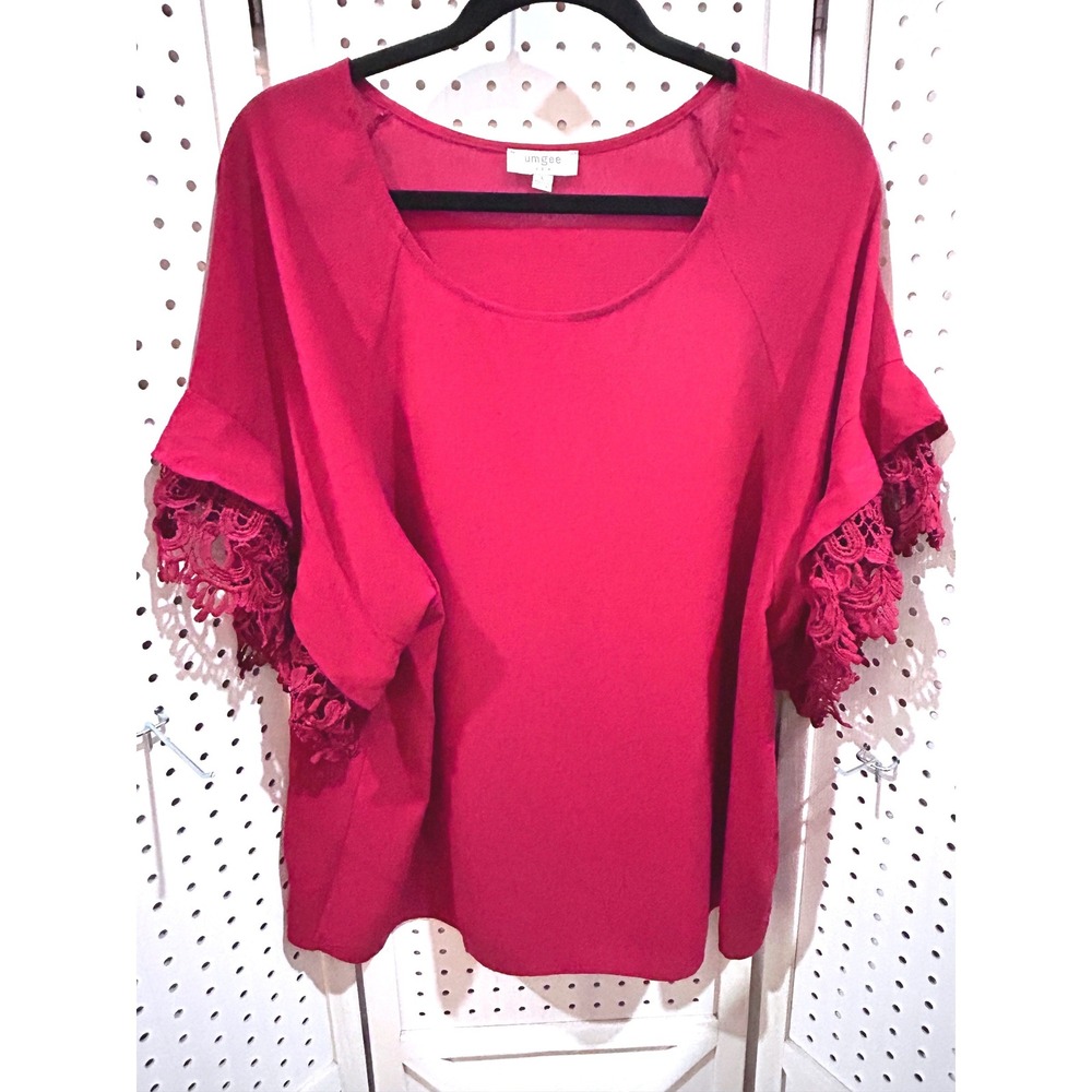 UMGEE USA Red Lace Sleeve Flutter Top Women's Size L